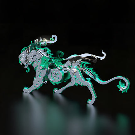 A striking green mechanical steampunk mech mythical beast metal model by TableFunny, perfect as a 3D puzzle metal kit for desk display.