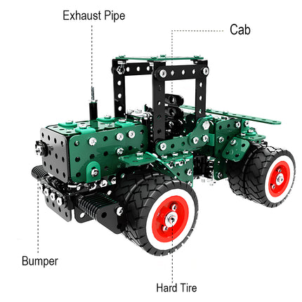 An infographic diagram of a green mechanical tractor metal model kit, labeling key parts including Exhaust Pipe, Cab, Bumper, and Hard Tire with pointer lines.