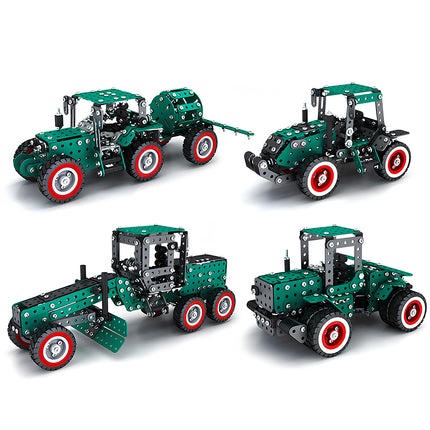 A collection showcase of four green metal vehicle model kits, featuring a tractor with a spray trailer, a modern agricultural tractor, a heavy motor grader, and a classic farm tractor.