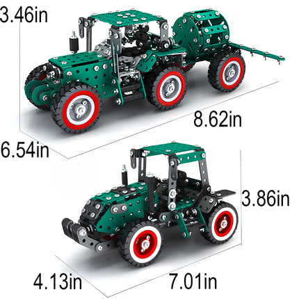 A product dimensions infographic comparing two green metal tractor model kits, showing specific height, length, and width measurements in inches for both the trailer variant and the modern variant.