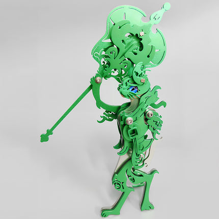 Action pose of green mechanical steampunk 3D puzzle metal kit raising weapon.
