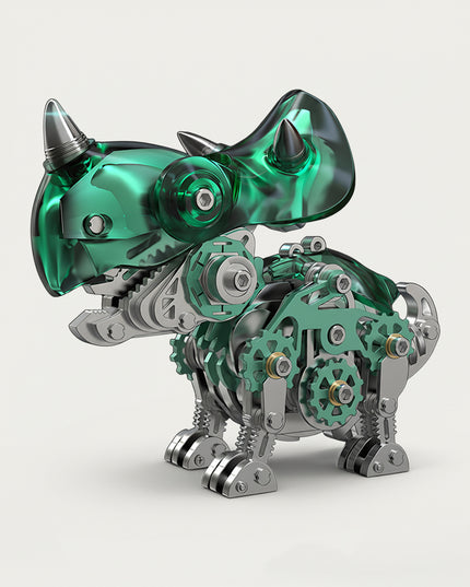 Mechanical Triceratops 3D puzzle Metal Kit - A dynamic fun toy for dinosaur and mechanics lovers, this DIY assembled table funny piece features an intricate, mechanical Triceratops design. It invites you to craft a piece of power part by part. Beyond being a dynamic desktop ornament with striking green and metallic details, it serves as an educational tool for kids to learn about dinosaur anatomy and mechanical structures during assembly. It’s also a stylish decor for home offices