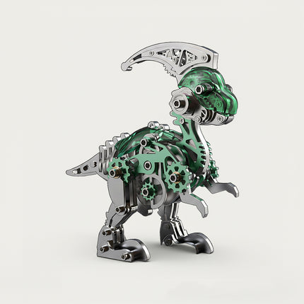 Mechanical Parasaurolophus 3D puzzle Metal Kit - A charming fun toy for dinosaur and mechanics lovers, this DIY assembled table funny piece features an intricate, mechanical Parasaurolophus design. It invites you to craft a piece of whimsy part by part. Beyond being a dynamic desktop ornament with striking green and metallic details, it serves as an educational tool for kids to learn about dinosaur anatomy and mechanical structures during assembly. It’s also a stylish decor for home offices