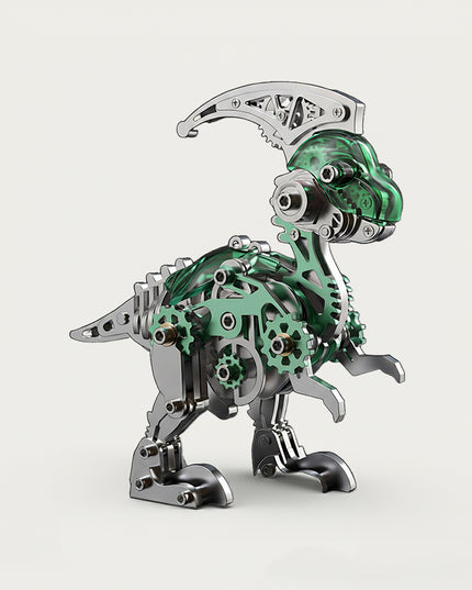 Mechanical Parasaurolophus 3D puzzle Metal Kit - A charming fun toy for dinosaur and mechanics lovers, this DIY assembled table funny piece features an intricate, mechanical Parasaurolophus design. It invites you to craft a piece of whimsy part by part. Beyond being a dynamic desktop ornament with striking green and metallic details, it serves as an educational tool for kids to learn about dinosaur anatomy and mechanical structures during assembly. It’s also a stylish decor for home offices