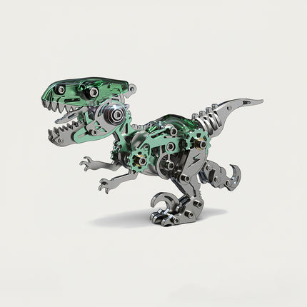 Mechanical T-Rex 3D puzzle Metal Kits - DIY assembled funny table metal model, futuristic, intricate, and dynamic dinosaur design with visible gears and components, providing fun and challenging assembly, and innovative metal artistry for eye-catching desktop decoration