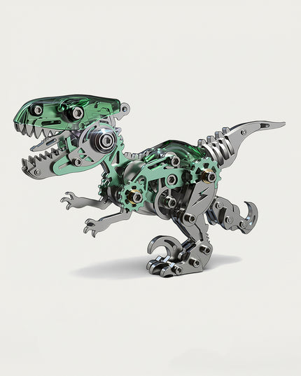Mechanical T-Rex 3D puzzle Metal Kits - DIY assembled funny table metal model, futuristic, intricate, and dynamic dinosaur design with visible gears and components, providing fun and challenging assembly, and innovative metal artistry for eye-catching desktop decoration