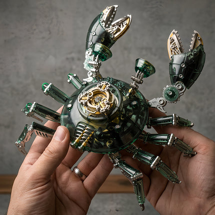 Finished 3D puzzle Metal Kits project featuring a translucent green steampunk puzzle crab for collectors.