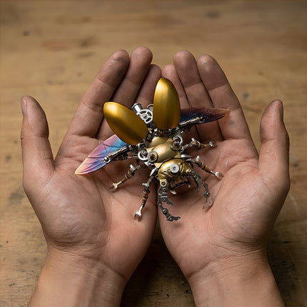 Intricate 3D puzzle Metal Kits of a robotic beetle with golden and purple wings, a premium metal model from the TableFunny collection.