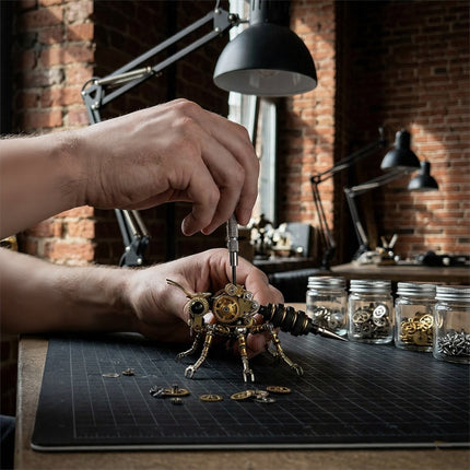 Building a miniature metal model wasp with professional tools, a rewarding 3D puzzle Metal Kits experience for adult hobbyists.