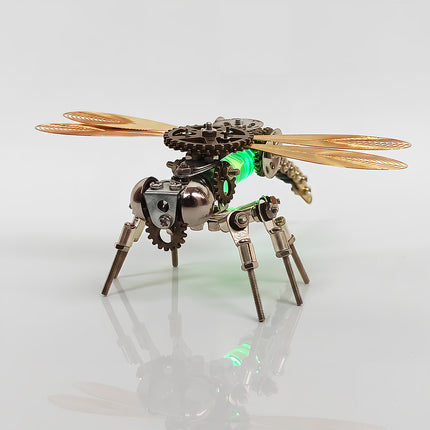 A close-up look at the complex engineering of a steampunk puzzle dragonfly. Built from 3D puzzle Metal Kits, this mechanical steampunk creature highlights visible gears, screws, and articulated legs, offering a rewarding assembly experience and a stunning metal model result.
