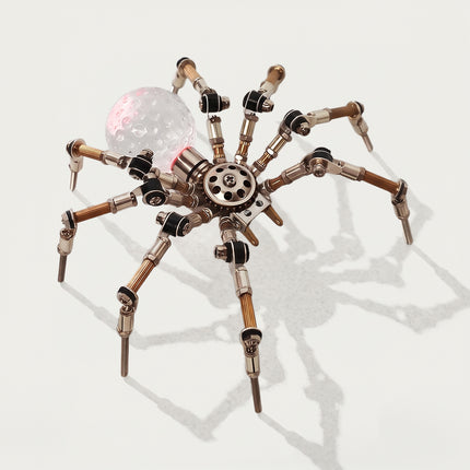 A top-angle view showcasing the intricate engineering of a mechanical steampunk spider sculpture. Created with precision 3D puzzle Metal Kits, this steampunk puzzle highlights visible screws, joints, and hardware, offering a stunning metal model and steam punk mech building project.