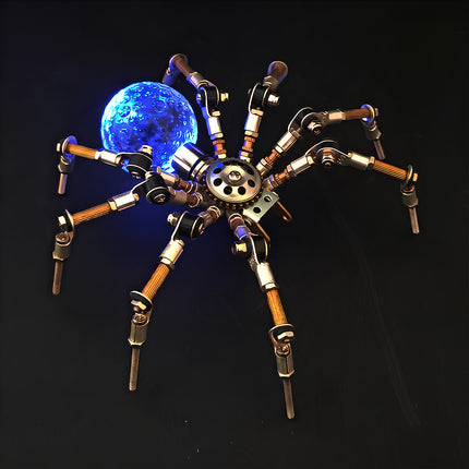 Close-up of the 3D puzzle Metal Kits spider sculpture illuminated with a neon blue glowing orb. Against the dark backdrop, the steampunk puzzle highlights its gear chest and articulated legs, establishing a premier metal model and mechanical steampunk aesthetic.