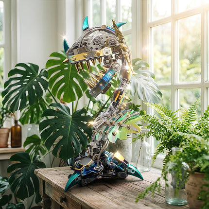 Intricate mechanical steampunk carnivorous plant sculpture, high-detail steam punk mech centerpiece with gear-driven design in a sunlit room.