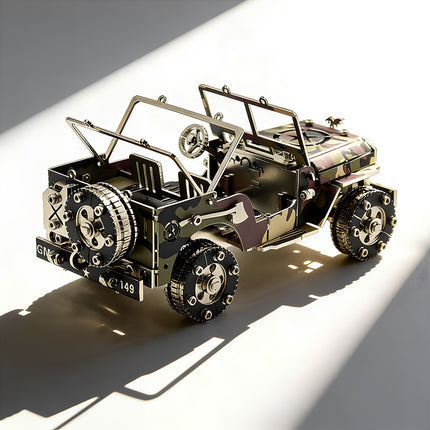 A high-angle rear 3/4 perspective view of the fully built iron blood jeep camo 3d metal puzzle, showing the mounted rear spare tire, interior steering wheel, cockpit seats, and rugged camouflage exterior.