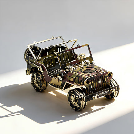 A right 3/4 perspective full view of the assembled iron blood jeep camo edition 3d puzzle with military camouflage coating, featuring its open cockpit and mechanical gear wheels under natural lighting.