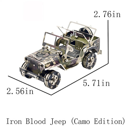 Product size infographic for the iron blood jeep camo metal puzzle, showing assembled dimensions of 5.71 inches long, 2.56 inches wide, and 2.76 inches high on a white background.