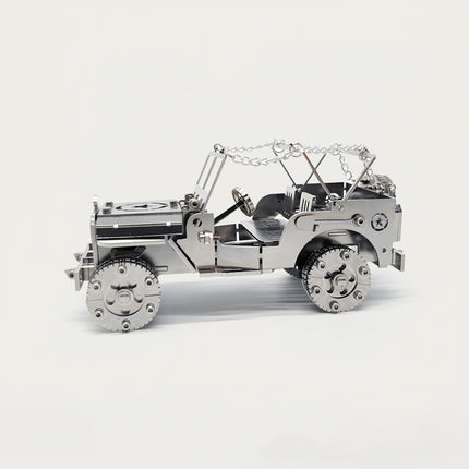 A crisp left side profile view of the completed iron blood jeep classic silver 3d puzzle featuring a polished metallic finish, unique top decorative chains, open cabin interior, and military wheel details on a white background.