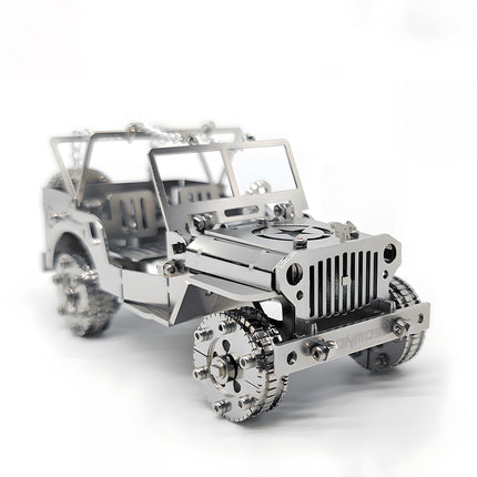 A right 3/4 perspective view of the silver iron blood jeep classic silver 3d puzzle assembled on a white background, showing its open-top cockpit, front grille, and mechanical gear tires.