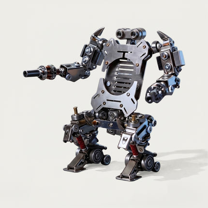 Studio shot of an isolated mechanical steampunk robot metal model on a white background, built from 3D puzzle metal kits.