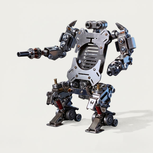 Studio shot of an isolated mechanical steampunk robot metal model on a white background, built from 3D puzzle metal kits.