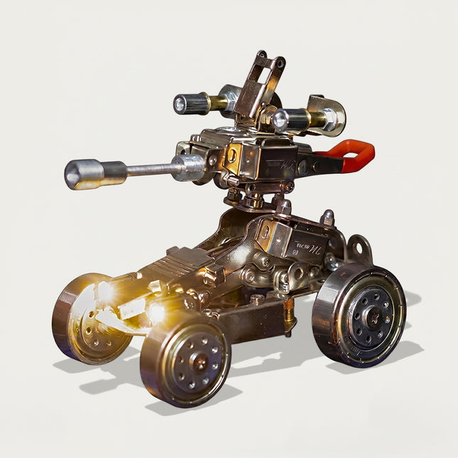 Studio shot of an illuminated steam punk mech vehicle metal model on a white background, built from 3D puzzle metal kits.