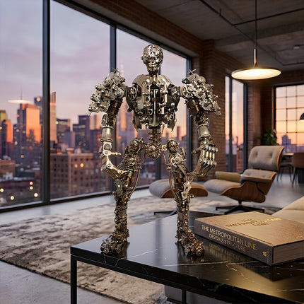 A large 3D metal mechanical skeleton robot model set on a black marble coffee table in a luxury penthouse with city views at sunset.