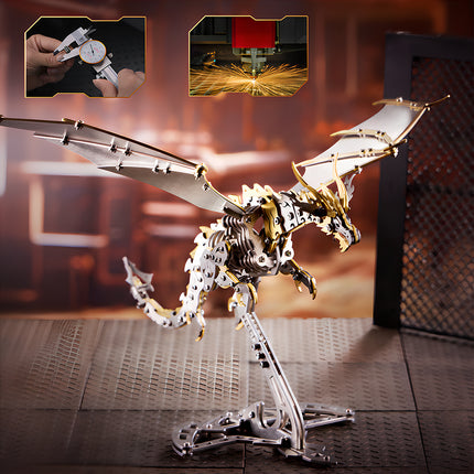 High-precision steam punk mech dragon assembly, showing the manufacturing process of professional 3D puzzle Metal Kits and metal model details.
