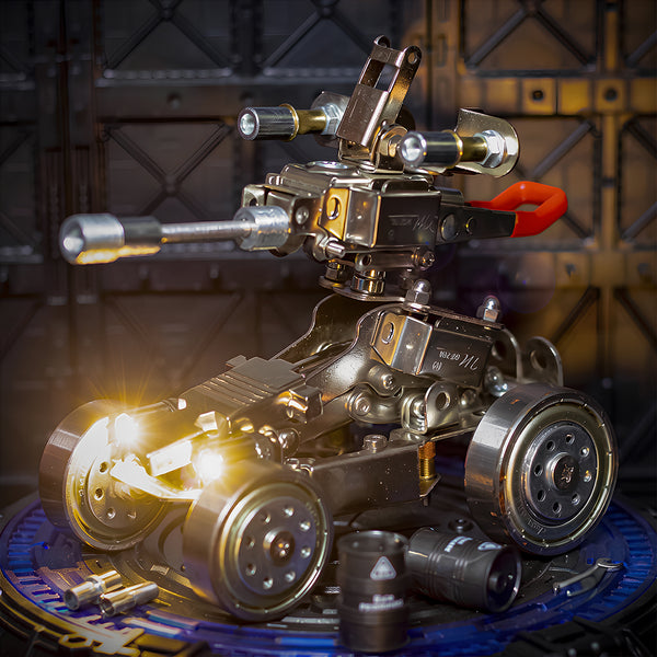Fully assembled steam punk mech vehicle with bright LED lights, built from high-end 3D puzzle metal kits.