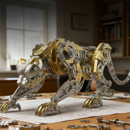 Mechanical leopard metal model on an office desk with blueprints, a sophisticated DIY 3D puzzle and funny table accessory from metal kits.