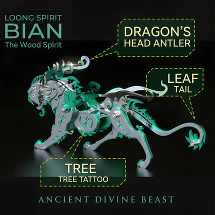 Product features of TableFunny Loong Spirit Bian metal model, a green mechanical steampunk mech showcasing dragon antlers and tree tattoos in a 3D puzzle metal kit.