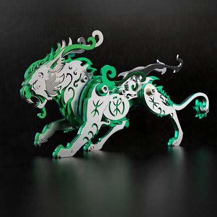 Front view of TableFunny Loong Spirit Bian, a green steam punk mech mythical beast designed as a mechanical steampunk 3D puzzle metal kit.