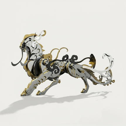 A side view of TableFunny Lu Wu, a mythical tiger steam punk mech designed as a premium mechanical steampunk 3D puzzle metal kit.
