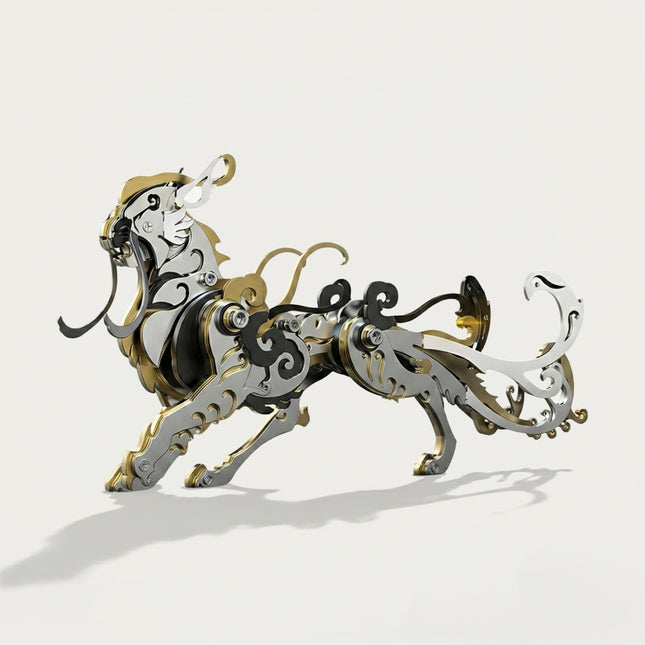 A side view of TableFunny Lu Wu, a mythical tiger steam punk mech designed as a premium mechanical steampunk 3D puzzle metal kit.