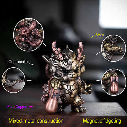 Detailed diagram of a steampunk puzzle dragon metal model showing premium material breakdown and magnetic modular design.