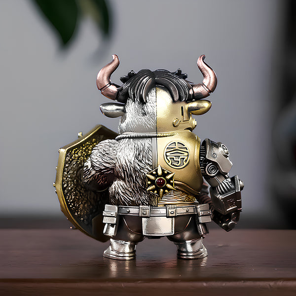 Detailed back view of the magnetic bull metal model, showcasing the intricate mechanical steampunk armor and organic fur textures.