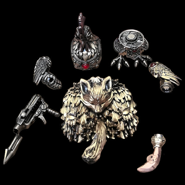Exploded view of a magnetic mechanical steampunk rooster, showing disassembled components of the DIY 3D puzzle Metal Kits.