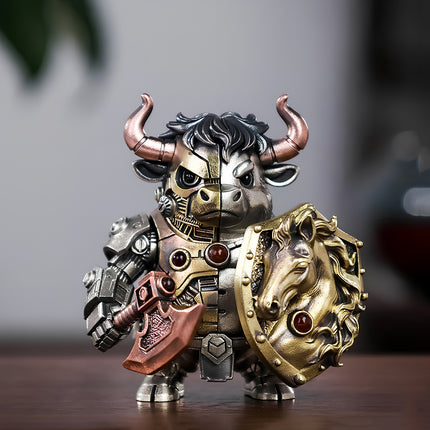 Close-up of a magnetic mechanical steampunk bull warrior with a battle axe and horse-head shield, a premium metal model for desk display.