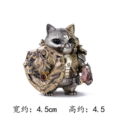 Dimension chart of the mechanical steampunk cat warrior metal model, measuring 4.5cm by 4.5cm with a lion-head shield.