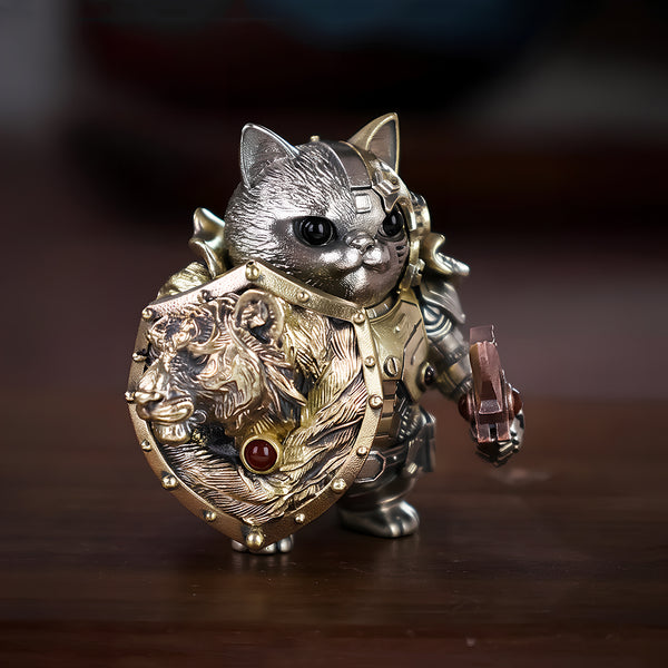 Close-up of a magnetic mechanical steampunk cat with a lion-head shield, a premium metal model for high-end desktop decor.