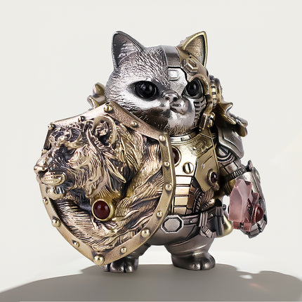 Magnetic mechanical steampunk cat warrior with a lion-head shield, a detailed collectible metal model for office desktop decor.