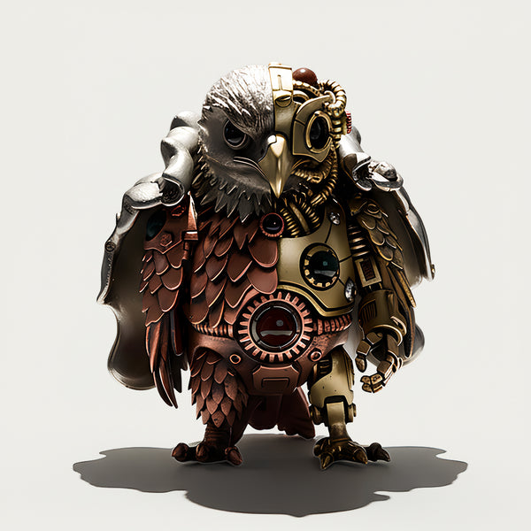 Magnetic mechanical steampunk eagle warrior with a cloak, a highly detailed metal model for desktop art and office decor.