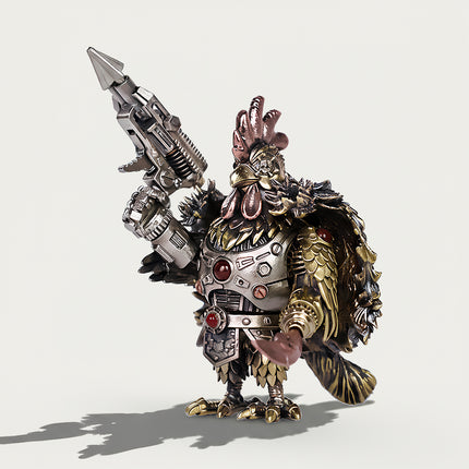 Magnetic mechanical steampunk rooster warrior with a spear gun, a highly detailed metal model for cool desktop decoration.