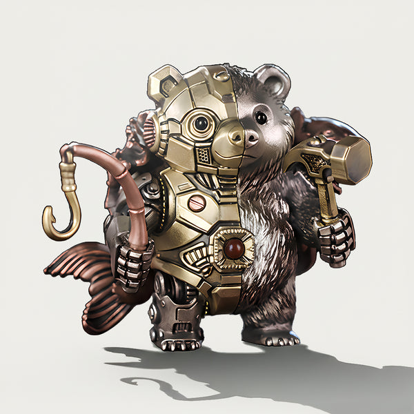 Magnetic steampunk bear mech 3D puzzle metal kits, a charming mechanical steampunk metal model, easy to assemble, holding a hammer and a fishing rod.