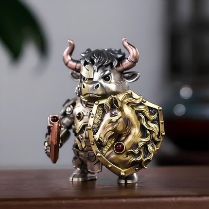 Lifestyle shot of a magnetic mechanical steampunk bull warrior on a wooden table, an elegant metal model for office desktop decor.