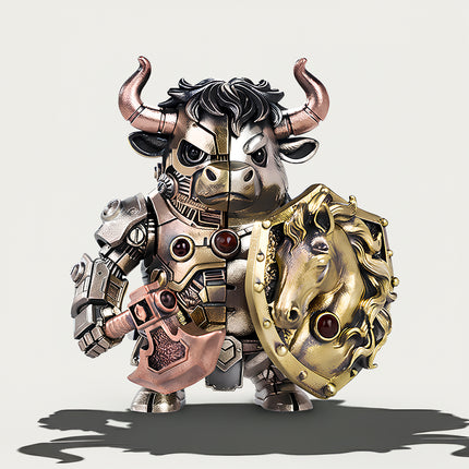 Magnetic mechanical steampunk bull warrior with a battle axe and horse-head shield, a highly detailed metal model for desktop display.