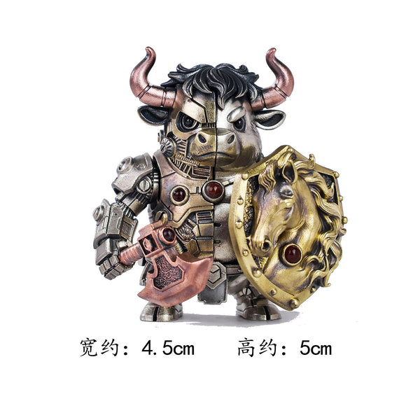 Dimension details of the magnetic bull metal model, measuring 4.5cm wide and 5cm tall, a miniature mechanical steampunk warrior.
