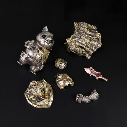 Exploded view of a magnetic mechanical steampunk cat warrior, showing modular components of the DIY 3D puzzle Metal Kits.
