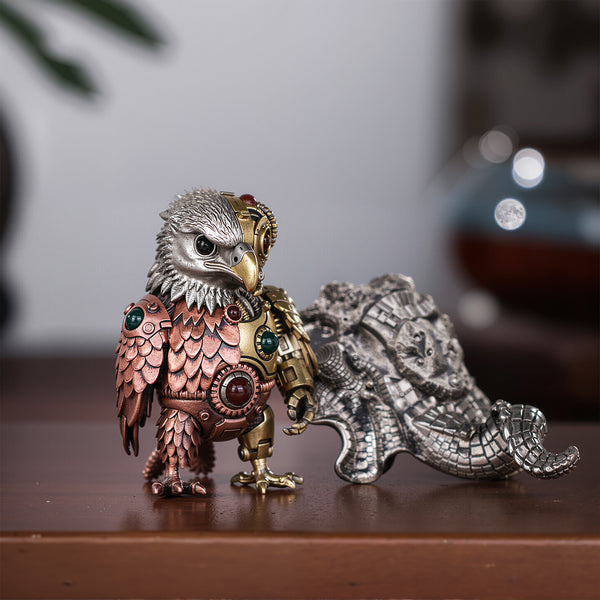 A mechanical steampunk eagle warrior standing next to its magnetic detachable cloak, a premium metal model showing the versatility of our 3D puzzle Metal Kits.