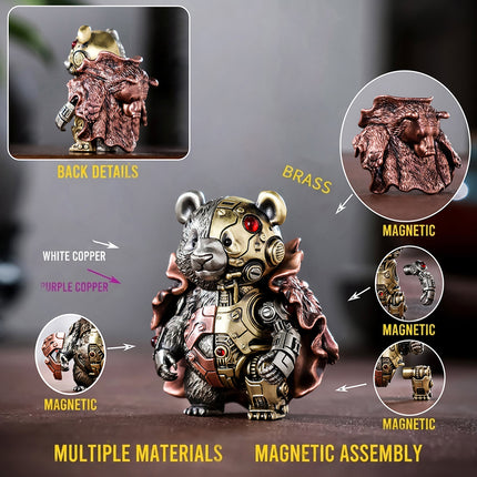 Infographic of a mechanical steampunk panda metal model highlighting multiple materials (brass, white copper, purple copper) and magnetic assembly features.