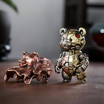 Magnetic mechanical steampunk panda warrior with a detachable copper bear-skin cloak, a premium metal model for desktop display.